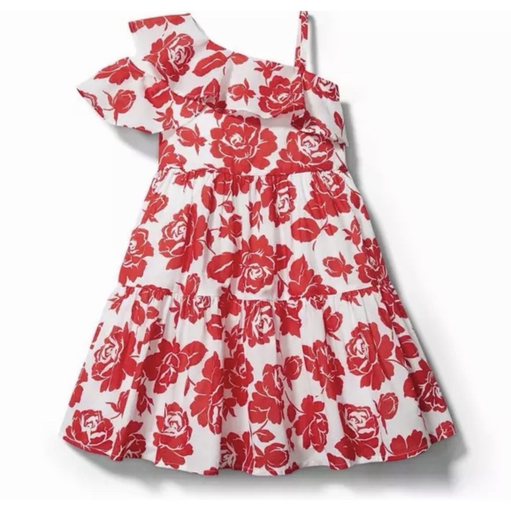 Janie & Jack Girls 7 Red Moto Floral Cold Shoulder Dress Tiered Ruffles Aloha